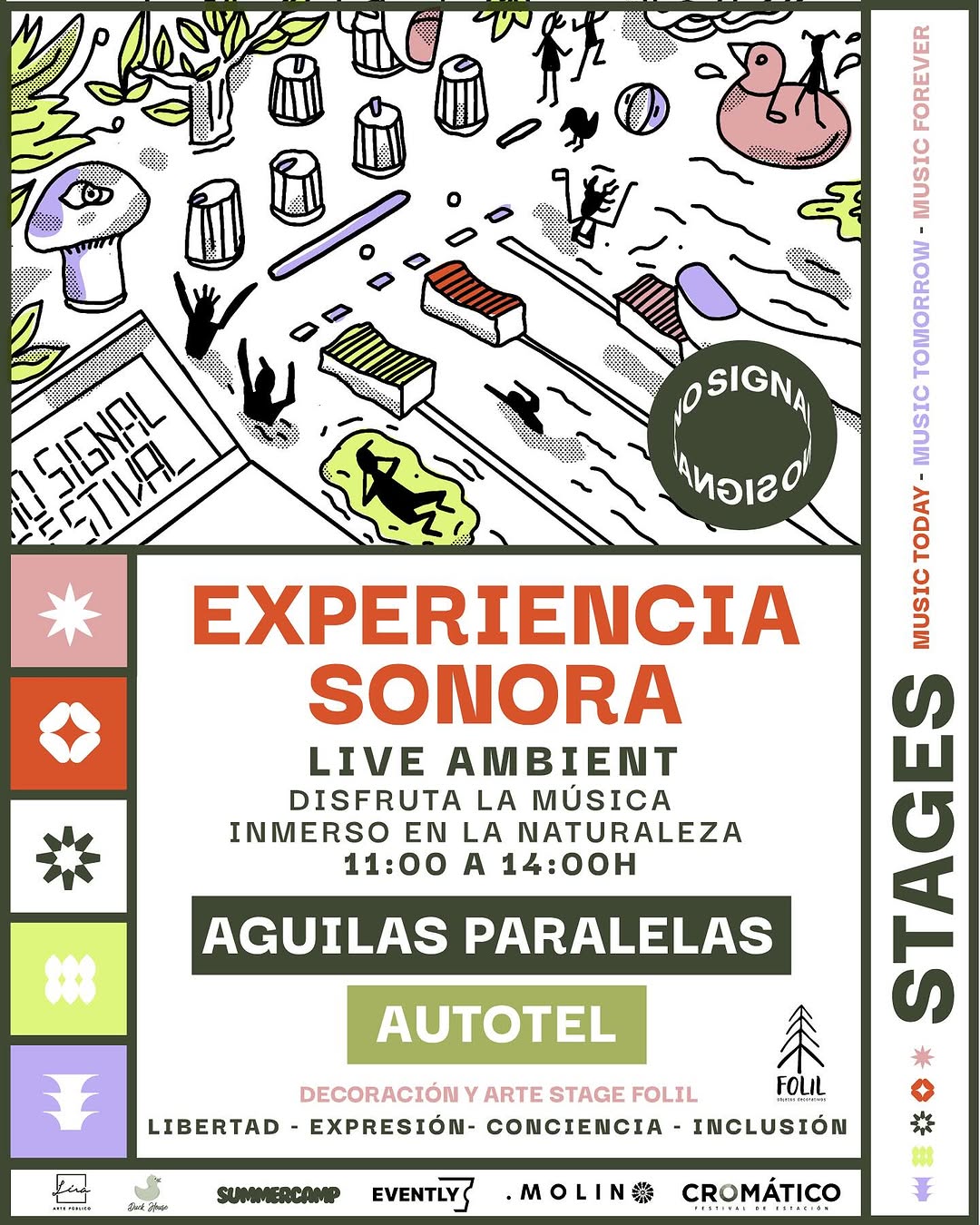 Fecha: 8 de Febrero
Lugar: cabañas y hotel molino viejo - Puerto varas 
@punto.molino 

Presentamos line up del stage: 

Experiencia Sonora 11:00 - 14:00 
@aguilasparalels @autotel 

Entradas por @evently_cl - tickets - link de la Bio

https://nosignalundergroundlab.evently.cl/NO-SIGNAL-UNDEGROUND-LAB-FESTIVAL-08-02-2025

Primera preventa 15.000 - 50 unidades - agotadas 
Segunda preventa 20.000 - 100 unidades
Tercera preventa 25.000
Puerta 30.000

Line up A-Z
@autotel @aguilasparalels @_.charlieafk @_danielagalaz_ @delight_lab_oficial @losdenver @elpropiodiegors @droniman1 @elbi.gotek @estebanfuica @italofrancos @katalinaschwarz @fernandaurbizu @cristopher_alvear_ @____vanana @romboro_trabko @vale_colvin

4 escenarios
Experiencia sonora: 11:00 - 14:00
Pool party: 14:00 - 20:00
Sunset en el bosque: 20:00 - 00:00
Noche de club: 00:00 - 07:00

Stand - foodtruck - talleres - barras 

Colabora e invitan
@menos1cine @liraartepublico @summercamp_cl @evently_cl @punto.molino @estacionrockpv @collagechile @duckhouse.cl @folildecoracion 

Estás preparado?
